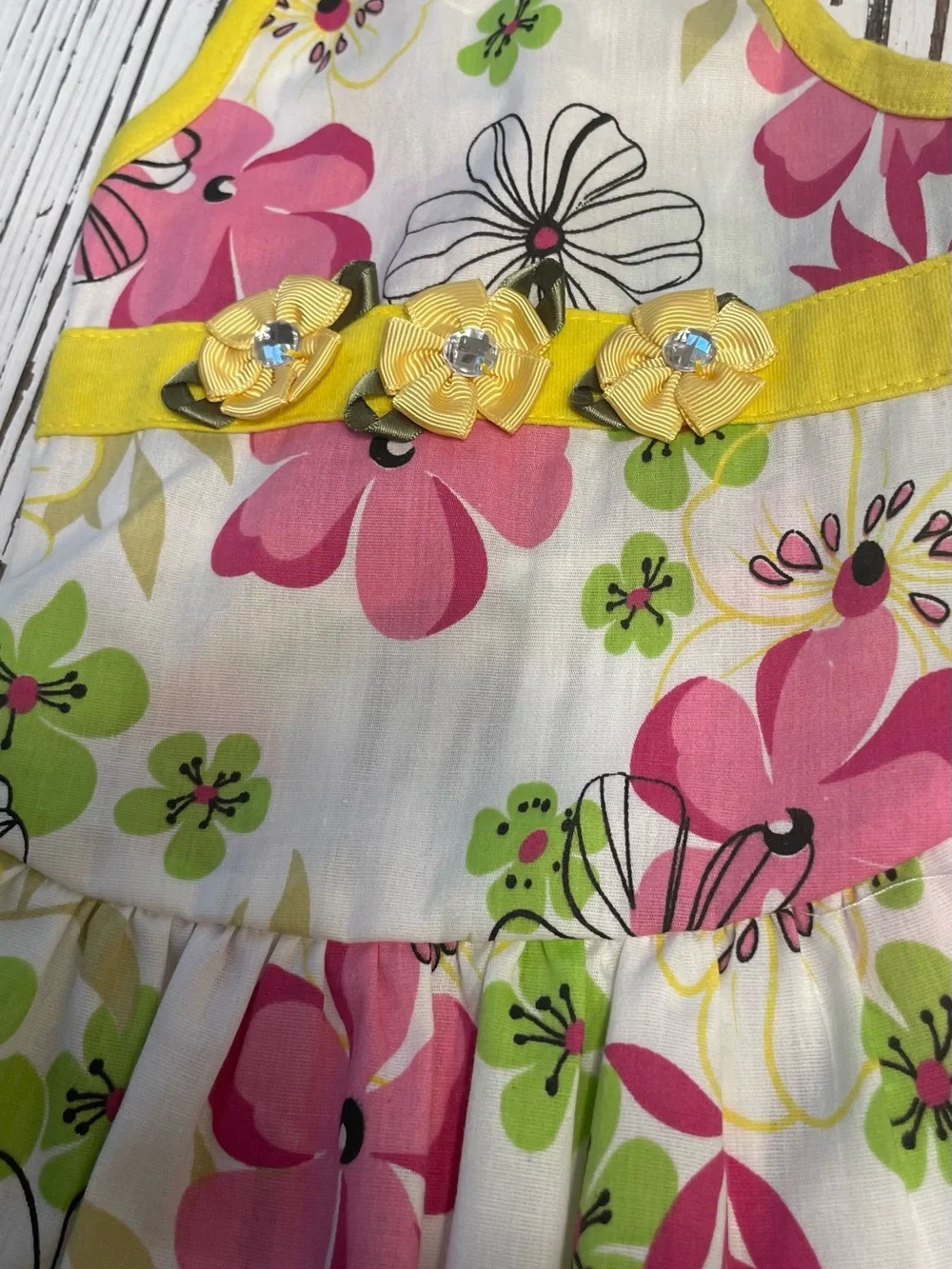 Yellow Floral Pet Dress with Ribbon Flowers Medium